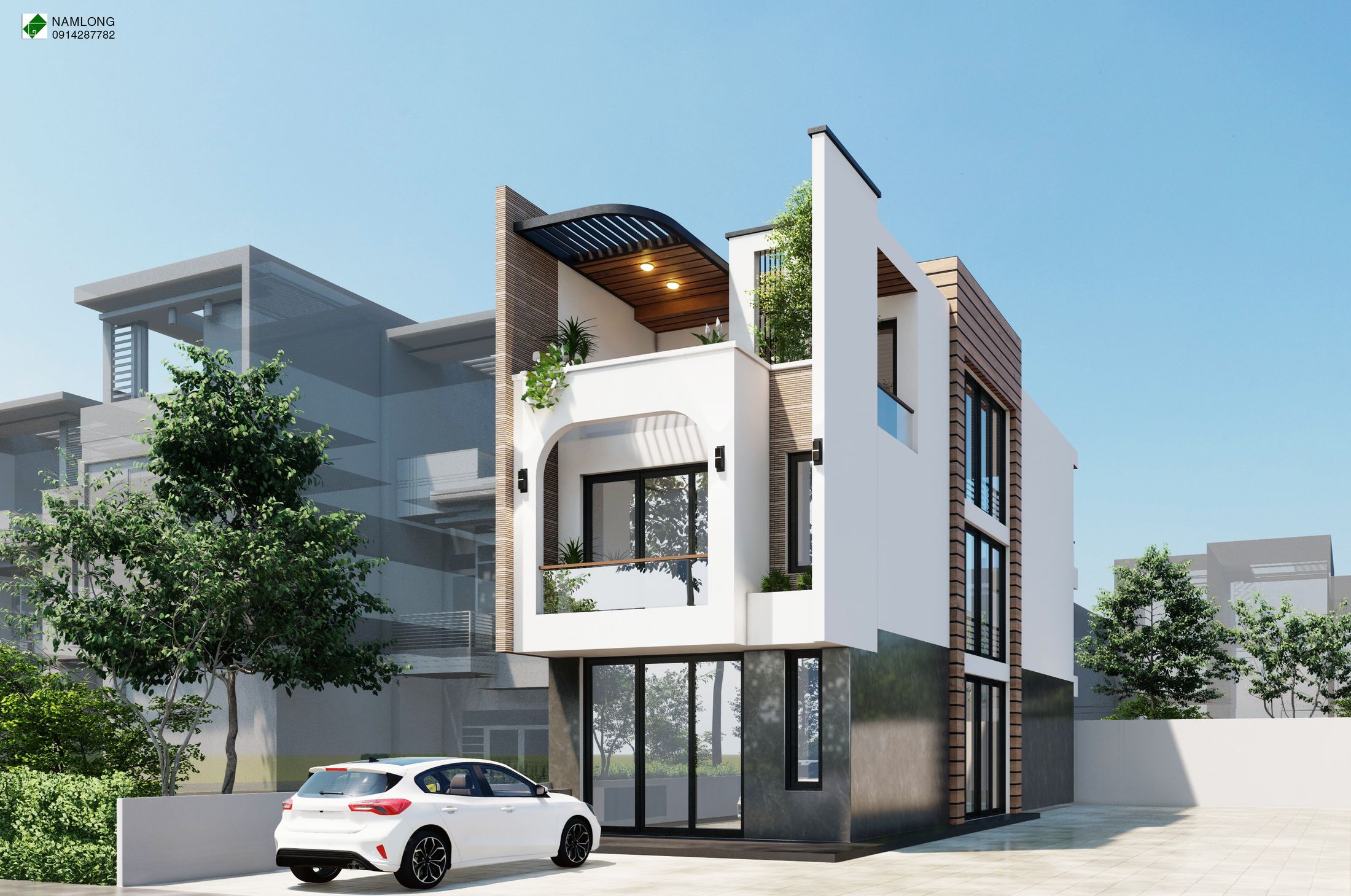 Phối cảnh nhà phố hiện đại 3 tầng do NAMLONG thiết kế