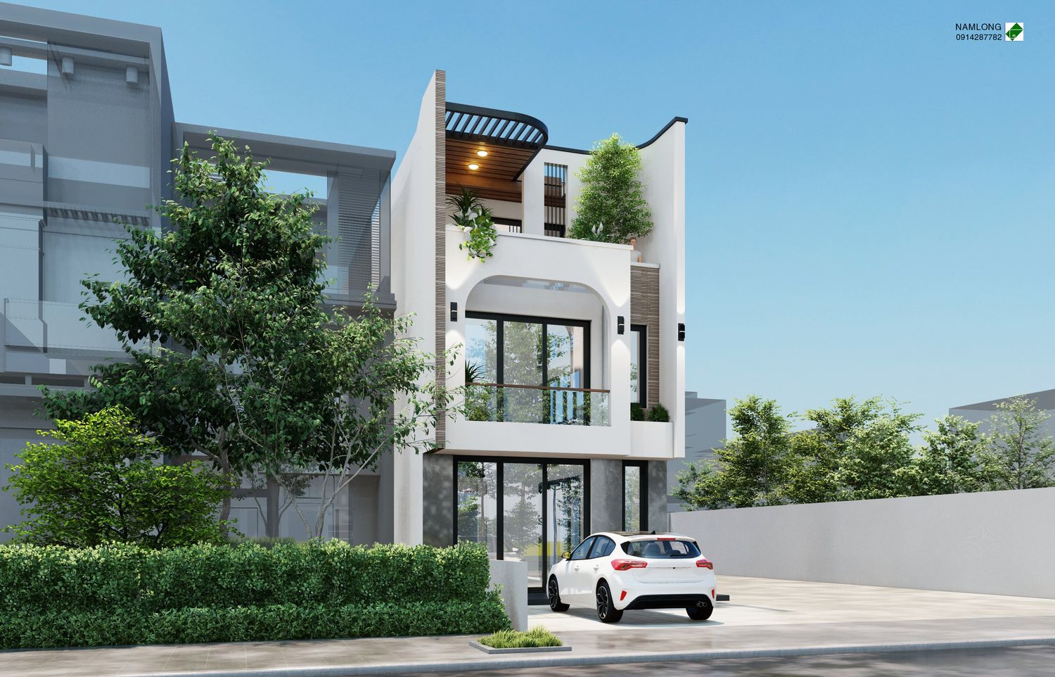 Nhà phố tường trắng mái vòm