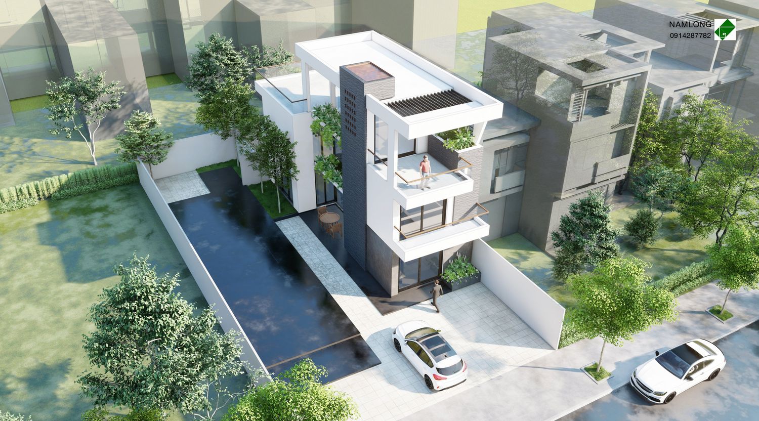 Nhà phố nhìn từ trên cao, hồ nước bên hông