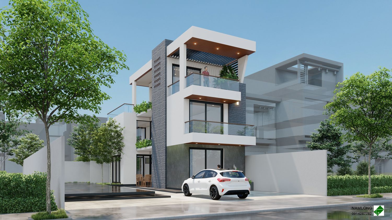 Nhà phố mặt kính góc nghiêng