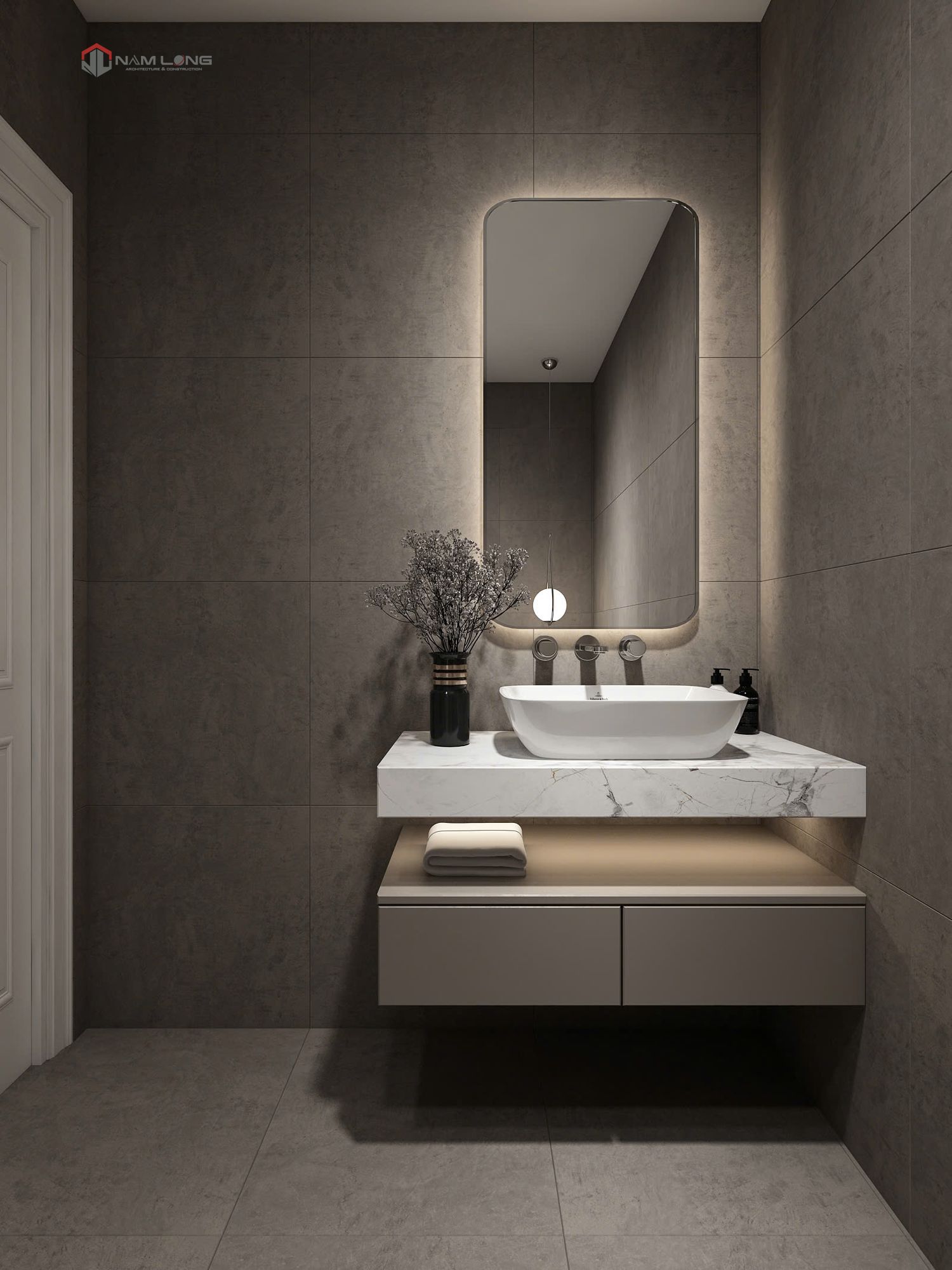 Lavabo đá, gương đèn hắt